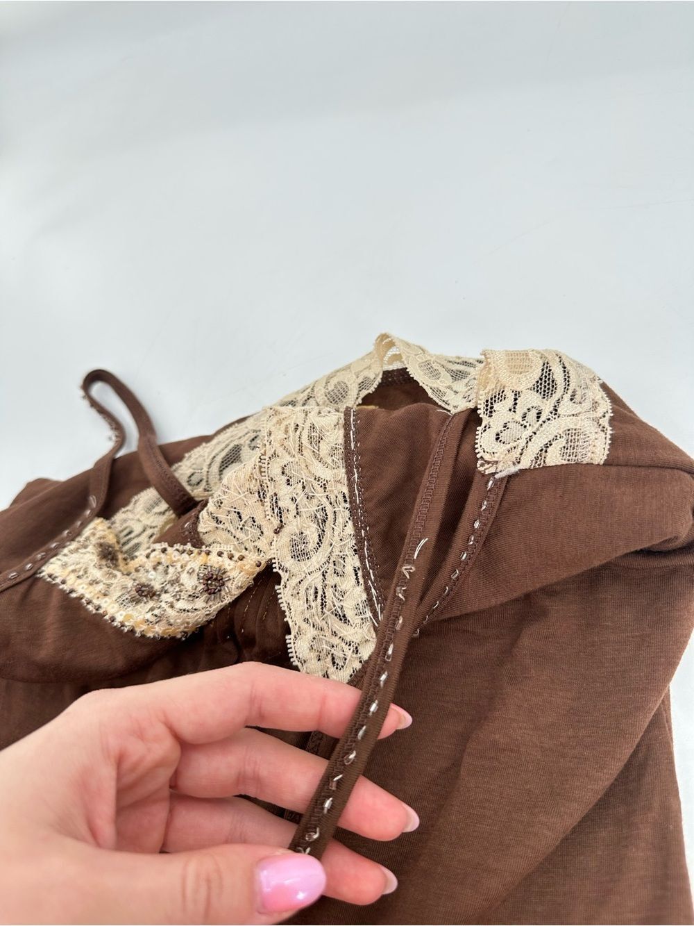 Y2K Brown Beaded Lace Trim Cami Tank Top Womens Small Boho Cottagecore - Picture 5 of 10